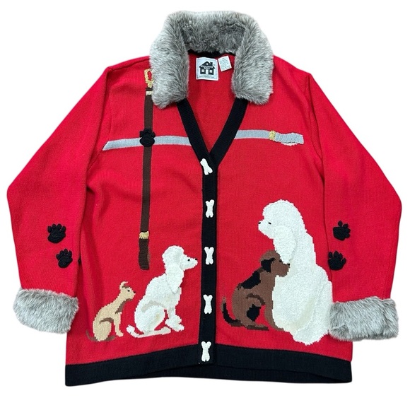 VTG Storybook Knits Red Black Dogs Pawprints Bones Button Cardigan Sweater Sz 2X - Picture 1 of 11